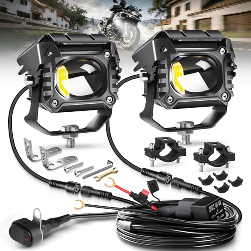 LEDMIRCY Motorcycle Auxiliary Lights, LED Fog Light 2PCS with Switch Wiring Harness Kit Motorcycle Driving Spot Lights IP68 Waterproof and Shockproof Suitable for Off-Road,ATV,Snowmobile,etc
