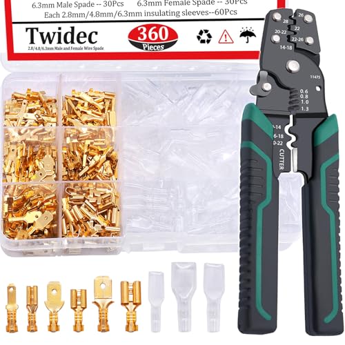 Twidec/360Pcs 2.8/4.8/6.3mm Quick Splice Male and Female Wire Spade Connector Crimp Terminal Block Assortment Kit Golden with Insulating Sleeve for Electrical Wiring Car with Wire Crimper Tool - color: Gold 360PCS+3-in-1 Crimper Tool