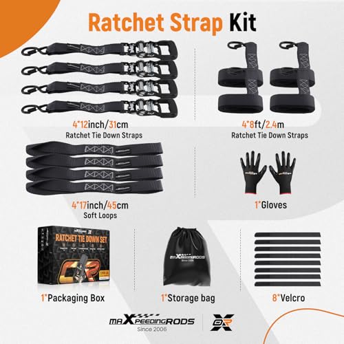 maXpeedingrods Heavy Duty Ratchet Straps 1.6” by 8’ 5208 lb Tie Down Straps with S Hooks & Soft Loops for Towing Motorcycles ATVs UTVs Jet Skis Golf Carts 4 Pack - color: black