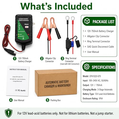 Unocho 12V Battery Charger 750mA Automatic Trickle and Float Maintainer for Lead-Acid Batteries, SAE Quick Disconnect with Clips and Ring Terminals for Motorcycle, Car, ATV, Boat, Lawn Mower