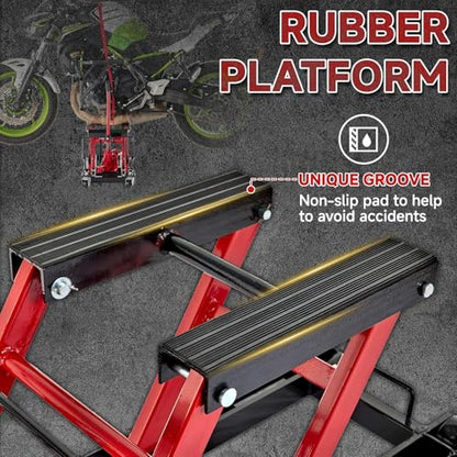 1500 LBS Hydraulic Motorcycle Lift Jack, Heavy Duty Steel ATV Lift Stand with Wheels, Handle, Foot Pedal, Tie-Down Straps & Adapter Bars, Red/Black