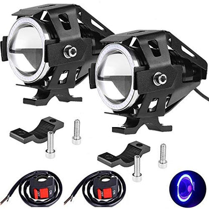 2pcs Bright 3000LM 125W LED Motorcycle Headlight With Demon Angel Blue Eyes auxiliary Work Light Spotlight Driving Fog Spot Lamp Universal for Car Offroad ATV Truck + 2pcs Switch