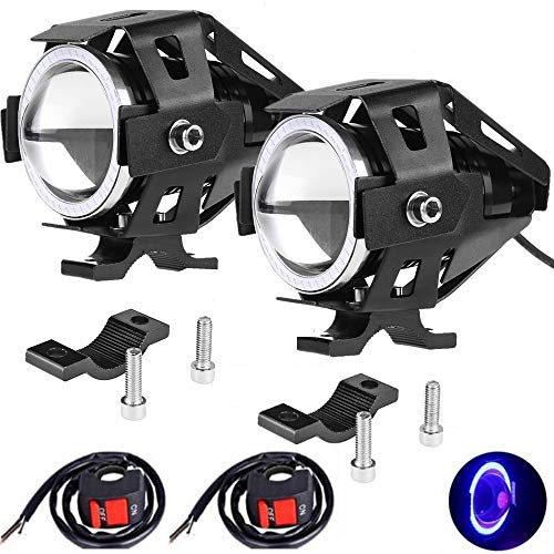 2pcs Bright 3000LM 125W LED Motorcycle Headlight With Demon Angel Blue Eyes auxiliary Work Light Spotlight Driving Fog Spot Lamp Universal for Car Offroad ATV Truck + 2pcs Switch