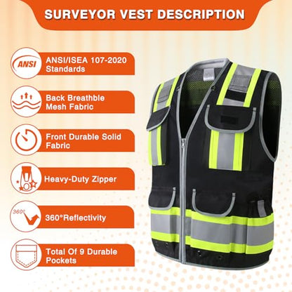 LOHASPRO Surveyor Safety Vest Heavy Duty Safety Vests Reflective High Visibility Construction Vest with Pockets - color: Black, size: X-Large