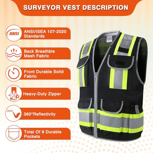 LOHASPRO Surveyor Safety Vest Heavy Duty Safety Vests Reflective High Visibility Construction Vest with Pockets - color: Black, size: Medium