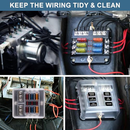 BetyBedy 6 Way Fuse Block, 12V Marine Fuse Box with LED Indicator, Automotive 6-Circuit Blade Fuse Block with Waterproof Cover for RV Motorcycle Boat Vehicle, 12PCS Fuses ＆ Tip Stickers Included - style: 6-Way