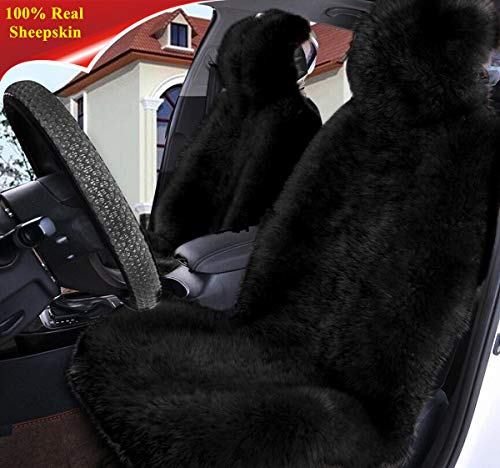 Winter Warm Authentic Australia Sheepskin Car Seat Cover Luxury Long Wool Front Seat Cover Fits Most Car, Truck, SUV, or Van (Black) - color: Black
