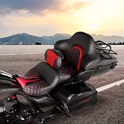C.C. RIDER Gel Seat Driver Passenger Seat and Driver+ Tour Trunk Backrests Fit For Harley Touring 2014-2023 Street Glide Road Glide Road King Electra Glide,Red Hexagon - color: 23# Gel Red+ 2 Backrests
