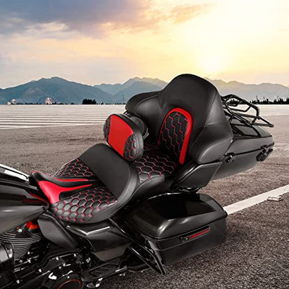 Extended Reach & Max Profile Seat Gel Rider Cushion with Rider Backrest and King Tour Pack Trunk Backrest Pad fit for Harley Touring Road King Street Glide Road Glide Electra Glide 09-23 Black Red - color: Gel Style A Red Seat + 2 Backrest