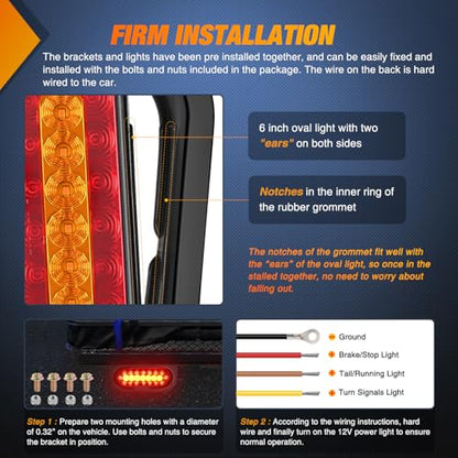Nilight 6 Inch Oval Trailer Tail Light 2 PCS Red Brake Stop Amber Left Right Turn Signals Lights with Flush Mount Grommets Plugs Mounting Brackets for RV Truck Luggage Rack - color: 2Pcs 6" Red/Amber Tail Lights
