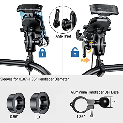 iMESTOU Anti-Theft Motorcycle Wireless Phone Mount Charger 15W & USB C 3A Handlebar 1" Ball Phone Holder Works with 12V/24V Vehicle/USB A Socket 720 Rotation Quick Charge for 4.0-7.0" Cellphones - style: Double Socket Arm-Wireless & USB C Charge