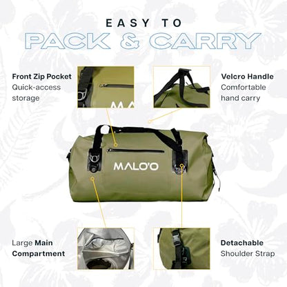 Malo’o Waterproof Dry Duffel, Heavy-Duty Roll Top Waterproof Gear Bag with Shoulder Strap & Molle Loops, Marine Duffel for Kayaking, Boating, Camping, Beach & Travel, Dark Green, 40L - color: Dark Green, size: 40L