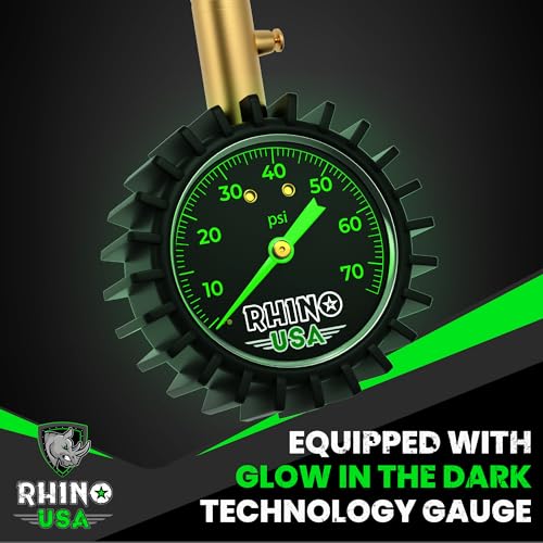Rhino USA Heavy Duty Tire Pressure Gauge (0-75 PSI) - Certified ANSI B40.1 Accurate, Large 2" Easy Read Glow Dial, Premium Braided Hose, Solid Brass Hardware, Best for Any Car, Truck, Motorcycle, RV - size: 75 PSI Compact