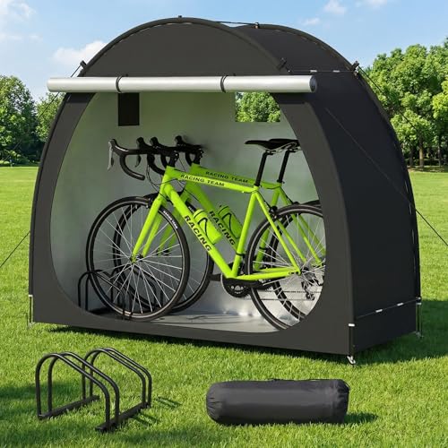 Bike Tent with Windproof Ropes Outdoor Portable Bicycle Storage Sheds with and Bicycle Racks 210D Oxford 1000ppm Waterproof for 2/3 Bikes, Covers Shelter for Motorcycle, Garden Tools - color: Black, size: 2 SET