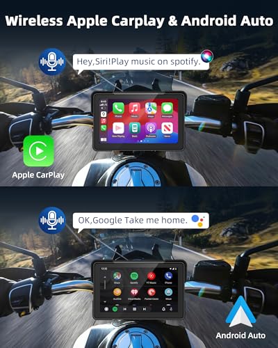 7 Inch Motorcycle Carplay Motorcycle w Dual 2K Dash Camera Wireless Apple Carplay Android Auto Screen with GPS Navigation for Motorcycles Voice Control Light Sensor Bluetooth IP67 Waterproof
