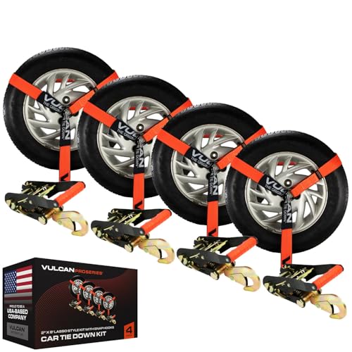 VULCAN Car Tie Down with Snap Hooks - Lasso Style - 2 Inch x 96 Inch - 4 Pack - PROSeries - 3,300 Pound Safe Working Load - size: Snap Hooks - ProSeries Orange (4 Pack)