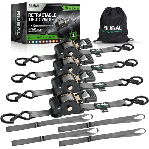 Retractable Ratchet Straps (4-Pack) - 1 Inch x 10 Feet (1,764lb Break Strength) - Auto Self Retracting Tie Down Straps Heavy Duty for Motorcycle, ATV, UTV, Truck, Cargo Trailer – Grey - color: Grey, size: 10 Feet
