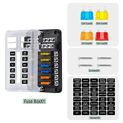 12-Way Marine Fuse Block,Waterproof 12v Fuse Block with LED Indicator for 12V/24V Automotive Golf Cart Truck Car Boat Marine RV Motorcycle - style: 12-Way