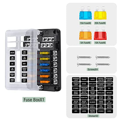 12-Way Marine Fuse Block,Waterproof 12v Fuse Block with LED Indicator for 12V/24V Automotive Golf Cart Truck Car Boat Marine RV Motorcycle - style: 12-Way