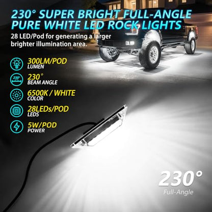16Pods Full Angle All Pure White LED Rock Lights Full Kit Plug and Play & Pre Wired 6500K with Switch Harness Wiring Extension Fuse, 448Chips Waterproof Underglow 12V for Semi Trucks Pickup Offroad - size: 16Pods