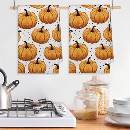 Pumpkin Autumn Kitchen Towels Set of 2 Polka Dots Dish Towels Bar Absorbent Cleaning Tea Towel for Home Dining Restaurants - color: Pumpkin Autumn Polka Dots