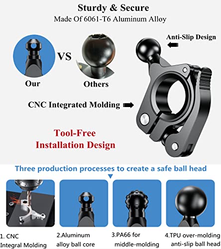 BRCOVAN 17mm Ball Handlebar Clamp Mount Base, Fit for Round Rails 0.5'' / 0.875'' / 1'' / 1.125'' / 1.26'' in Diameter, Tool-Free Installation