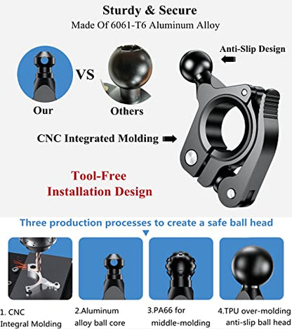 BRCOVAN 17mm Ball Handlebar Clamp Mount Base, Fit for Round Rails 0.5'' / 0.875'' / 1'' / 1.125'' / 1.26'' in Diameter, Tool-Free Installation