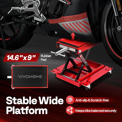 VIVOHOME 1100 Lbs Motorcycle Lift Jack, Steel Wide Deck ATV Scissor Lift with Dolly Wheels & Hand Crank, Bike Garage Repair Hoist Stand for Maintenance, Red - color: Red + Black