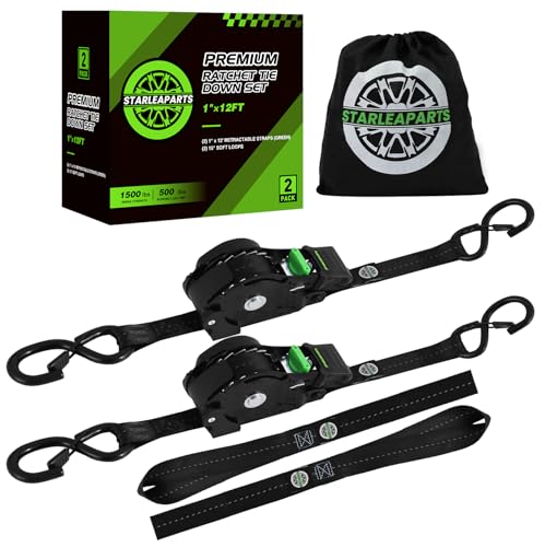 STARLEAPARTS Retractable Ratchet Straps(2PK) - 1,500lb Break Strength, Ratchet Straps Heavy Duty with Soft Loop Tie Downs, Perfect Auto Ratchet Strap for Motorcycle, Kayak and Trucks (Black) - color: Black, size: 2PK -1,500LBS