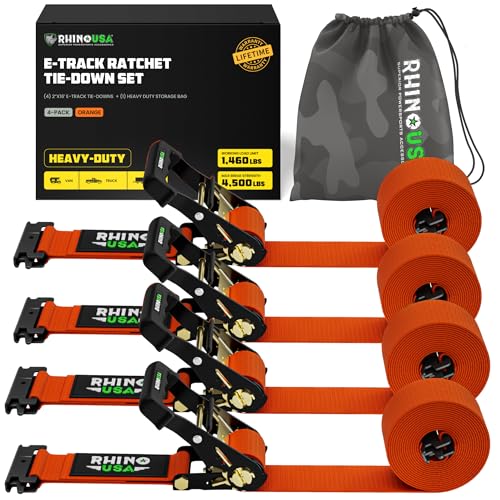 Rhino USA E Track Ratchet Tie Down Straps (4,500lb Break Strength) - Includes (4) Premium 2" x 16' eTrack Tie Downs - Ultimate Heavy Duty eTrack Cargo Strap System for Trailer, Truck, Motorcycle - color: Orange, size: 4PK