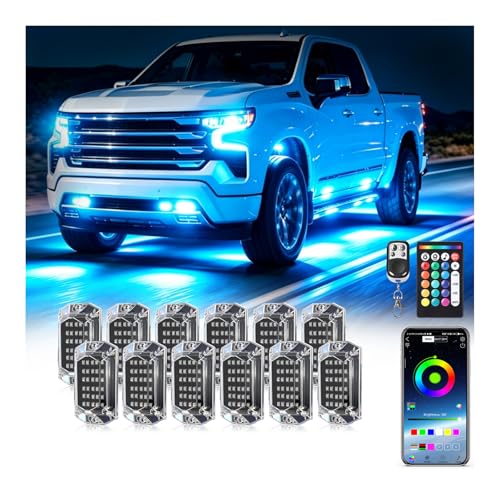 12Pods Full Angle RGB LED Rock Lights Kit with APP/RF Remote Control, 360Chip Underglow Lights with Brake Multicolor Neon Underbody Lights Accent Light Waterproof 12V for Trucks Pickup Jeep SXS ATV - size: 12 Pods