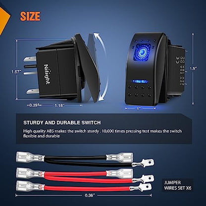Nilight 3 Pack Rocker Switches with Night Glow DIY Stickers On Off Toggle 5 PIN SPST LED Light Blue Backlit 12V/24V for Cars Trucks RVs Boats Auto Motorcycles - color: Blue 3 PCS