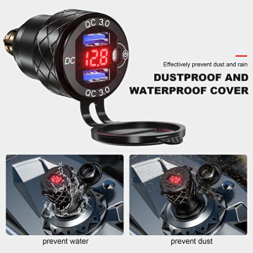 Kewig Aluminum DIN Plug Charger Motorcycle Dual Quick 3.0 USB Charger Power Adapter with LED Display Waterproof for 12V-24V BMW Ducati Triumph DIN Socket - style: Red with Blue Light