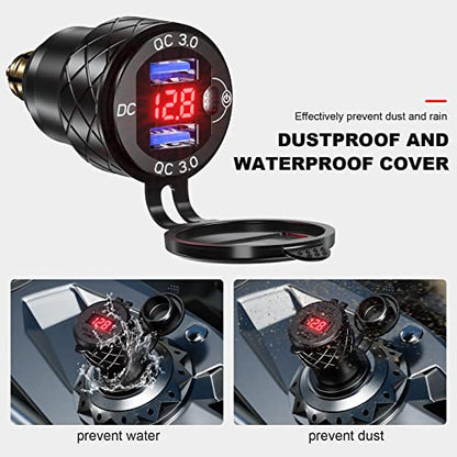 Kewig Aluminum DIN Plug Charger Motorcycle Dual Quick 3.0 USB Charger Power Adapter with LED Display Waterproof for 12V-24V BMW Ducati Triumph DIN Socket - style: Red with Blue Light