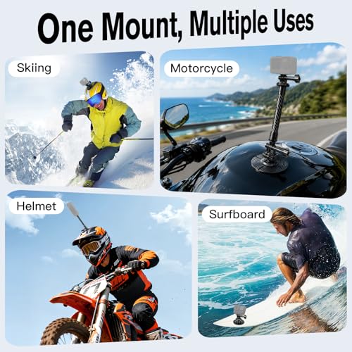 Geyo Flexible Adhesive Helmet Mount, Flat and Curved Action Camera Base | Carbon Fiber Arm, 1/4" Camera Base Adapter, Safety Rope, POV Angle, Compatible with Insta360, GoPro, DJI Action Cameras