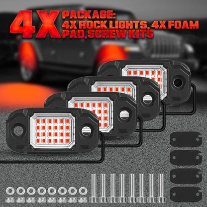 4 Pods Red Rock Lights 24 LEDs Chips Waterproof Neon Trail Rig Lamp Underglow Lights for Car Truck Motorcycle SUV ATV UTV (Red) - color: Red