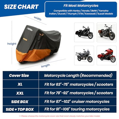 Favoto Motorcycle Cover for Harley Davidson Heavy Duty 420D Oxford | Touring Motorcycle Cover Waterproof Outdoor for Street Glide, Road Glide, Road King, Low Rider ST, Fat Boy Fits up to 108" - size: 108" - Side Box