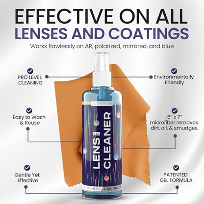 Eyeglass Gel Lens Cleaner Spray Kit - 2 x 8oz and 1 x 2oz Gel Eyeglasses Cleaner Spray Bottle + 2 Microfiber Cloth for Cleaning - Safe for All Lenses (AR Coated Included)