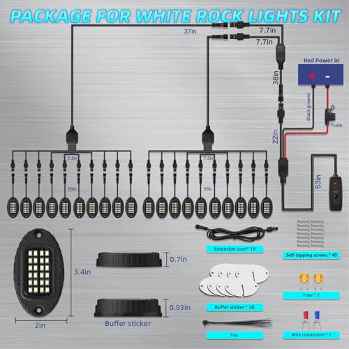 20Pods Metal Pure White LED Rock Lights Kit 6500K for Truck Pickup Offroad | Aluminum Housing, Plug-and-Play & Pre Wired, Switch Wiring Harness Extension Fuse, 480Chips Waterproof 12V, Pure Copper Wire - color: Pure White 24LEDs, size: 20Pods