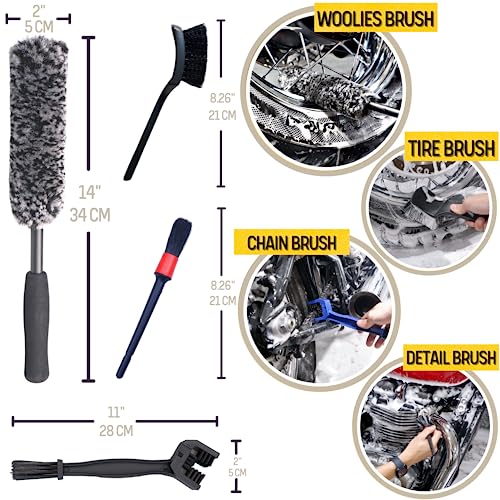 oesee Motorcycle Cleaning Kit 6 Pack Design for Chrome, Woolies Brush, Wool Wash Mitt, Tire&Chain Brush, Detailing Brush& Ultra Plush Towel for Motorcycle& Bike Chrome Painted, Rims, Exhaust, Surface - size: Grey(6 Pack)