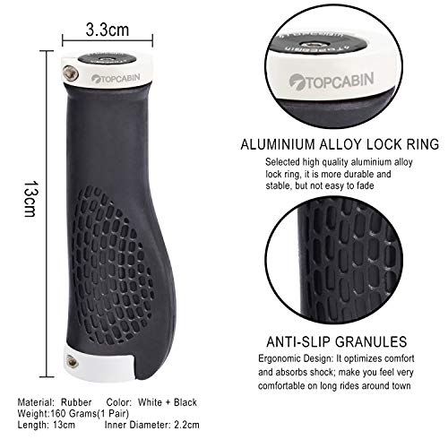 TOPCABIN Ergonomic Bike Grips - Widen Holding Rubber Grips with Aluminum LockGrips for Mountain & Road Bikes - color: (Aluminum lock plug+Grips) White 1 Pair