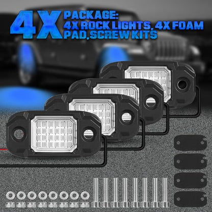 4 Pods Blue Rock Light LED Waterproof Neon Trail Rig Lamp Underglow Lights for Car Truck Motorcycle SUV ATV UTV (Blue) - color: Blue