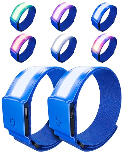 Topward LED Armband 2 Pack, Light up Reflective Arm Bands Glow Bracelets, Running Lights for Runners Dog Walking - 5 Colors 11 Light Modes - Adjustable Velcro - Rechargeable - color: Blue