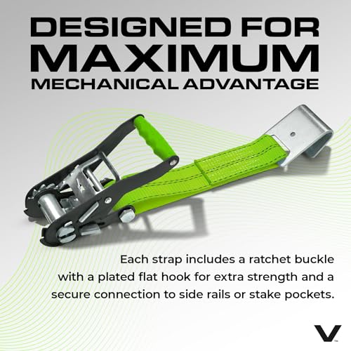 VULCAN Car Tie Down with Flat Hooks - Lasso Style - 2 Inch x 96 Inch - 4 Pack - High-Viz - 3,300 Pound Safe Working Load - size: Flat Hooks - High Viz Green (4 Pack)