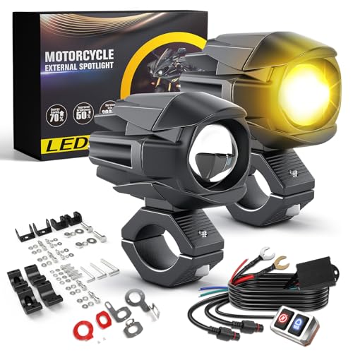 BraveWAY Motorcycle Fog Lights 60W 18000LM 9 Modes Strobe LED Driving Spotlight Auxiliary with Amber White Dual Color Offroad Aux Light Plug and Play Wiring Harness Kit and 2 Mounting Brackets - color: Moto-F1-1 LENS
