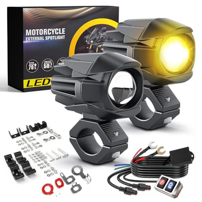 BraveWAY Motorcycle Fog Lights 60W 18000LM 9 Modes Strobe LED Driving Spotlight Auxiliary with Amber White Dual Color Offroad Aux Light Plug and Play Wiring Harness Kit and 2 Mounting Brackets - color: Moto-F1-1 LENS