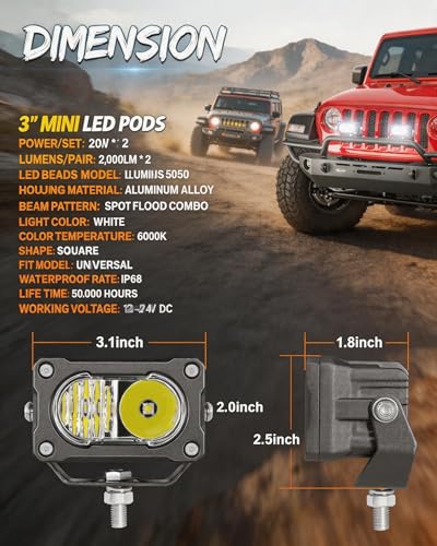 LED Pod Light 2PCS 3inch 40W 4000LM Combo Beam Baja Light with DT Wiring Harness Kit Backup Driving Lights Off Road Low Profile LED Light Bar Fog Lights for Motorcycle Truck UTV ATV Pickup - size: 3inch - Combo