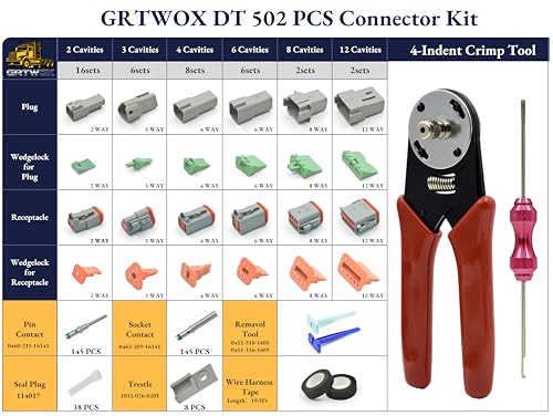 502 PCS DT Deutsch Connector Kit - 2/3/4/6/8/12 Pin Waterproof Connectors with 145 Pairs 16# Solid Terminal Contacts, Crimping Tool (14-20AWG)& Removal Tool for Cars Motorcycle Boat - size: 2-12 Pin Kit 502 Pcs
