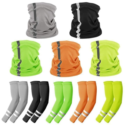 10 PCS UV Protection Reflective Strap Arm Sleeves and Neck Gaiter Reflective Safety Bandana for Outdoor Activities - color: Light Grey + Black + Fluorescent Yellow + Fluorescent Orange + Fluorescent Green