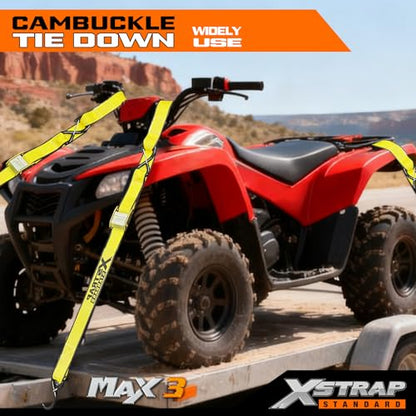 XSTRAP STANDARD Motorcycle Tie Down Straps (2 Pack) 3,000lb Break Strength, 1.5 in X 8FT Heavy-Duty Cambuckle Tie Down Set with S Hook and Soft Loops, Yellow - color: Yellow